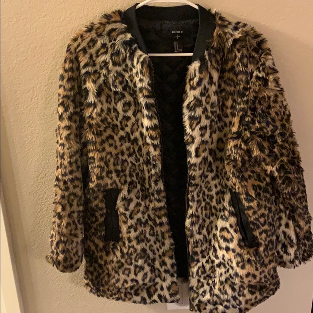 Furry leopard print coat